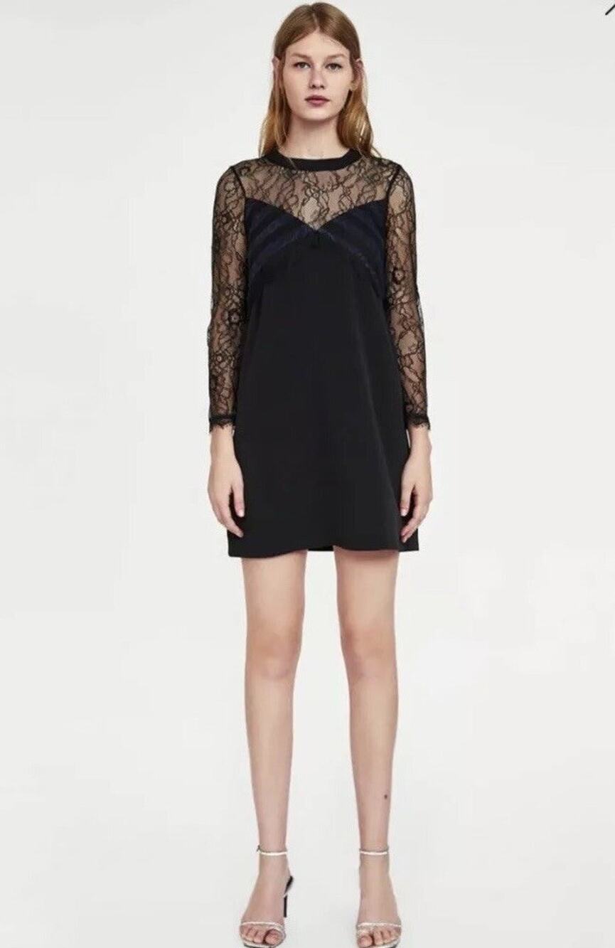 Zara Basic Medium Black Lace Shift Mini Dress Long Sleeve Black Navy New